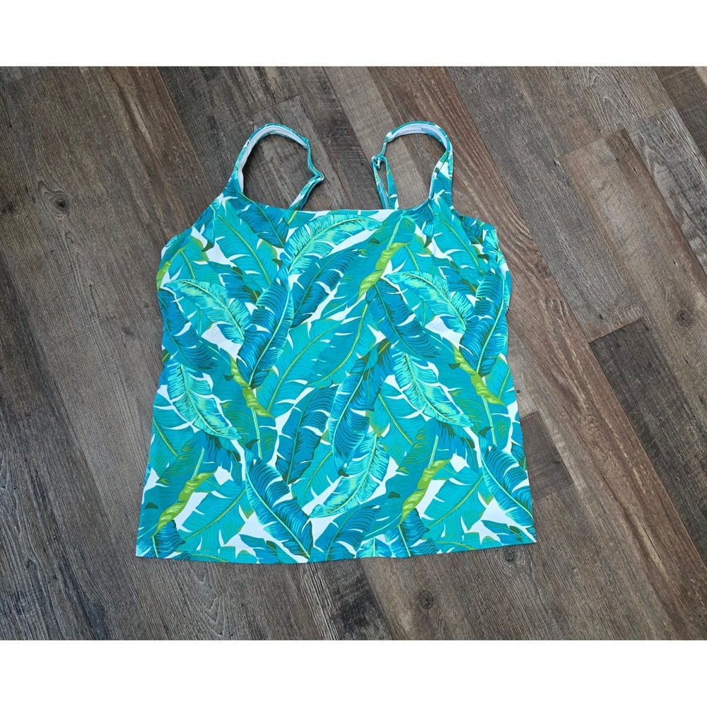 Lands End Palm Leaf Tankini Top Women 18 Blue Green Tropical Adjustable Straps
